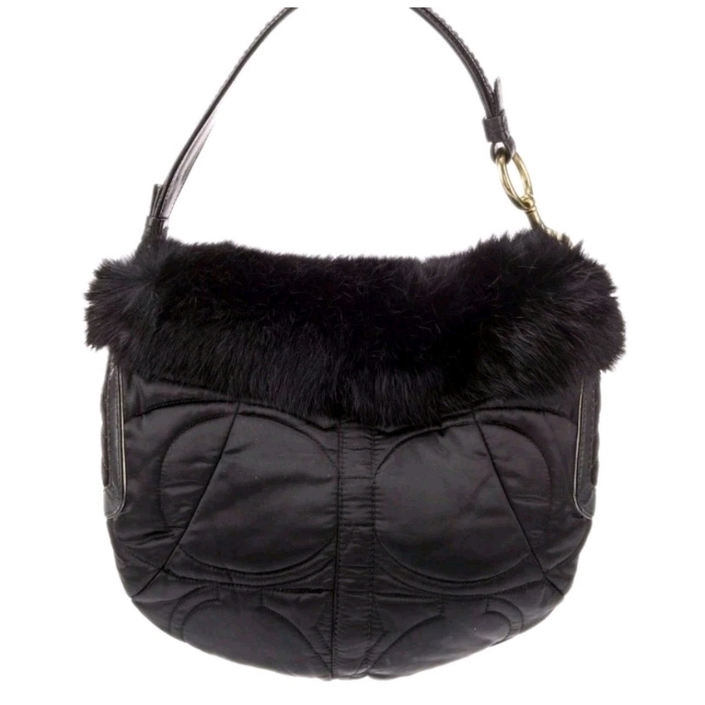 Coach Vintage Y2K Black Quilted Signature Rabbit Fur Trimmed Shoulder Bag